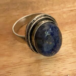 925 Silver Lapis Lazuli Statement Ring - Blue Oval Stone Size 8